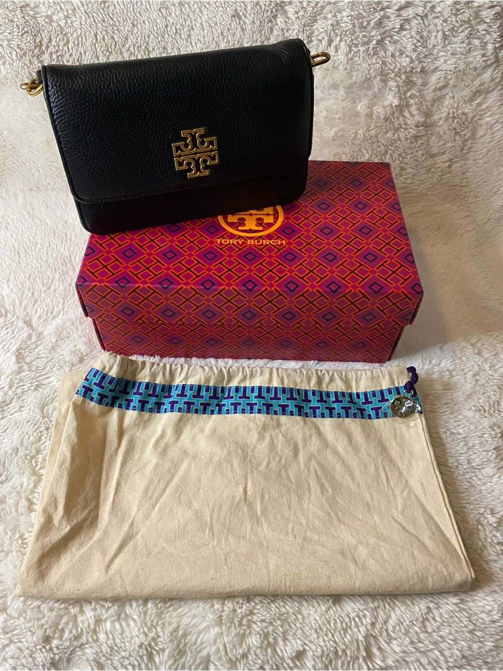 Tory Burch Black Pebbled Leather Logo Crossbody with Gold Hardware